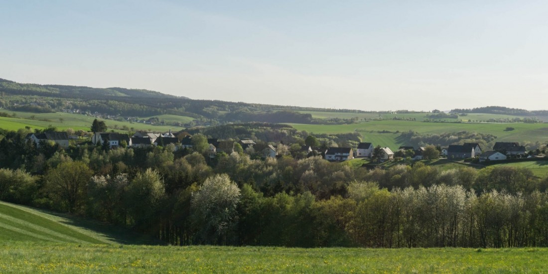 Der Ortsteil Riedenburg liegt auf einem Rücken. Ringsherum tolle Aussichten über die weitläufige Hunsrücklandschaft.